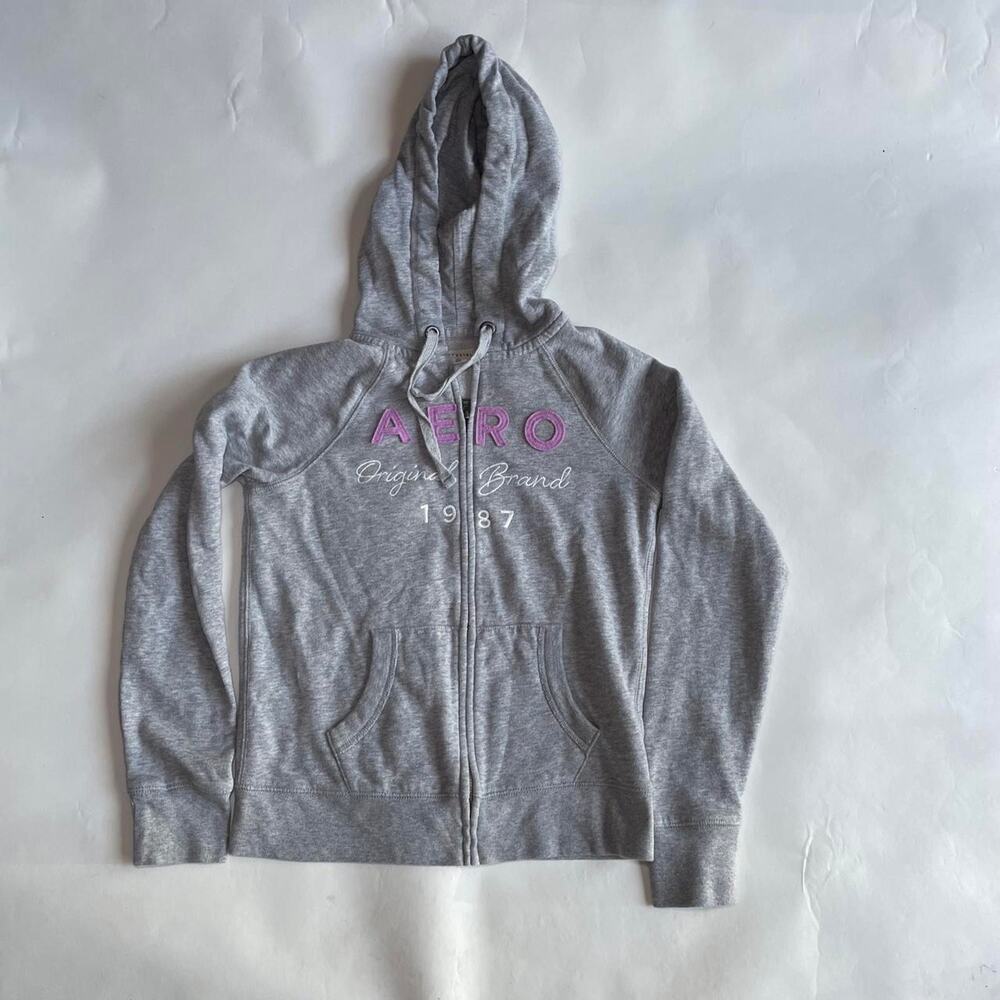 Title: aeropostale grey zip up hoodie jacket pink graphic size xs